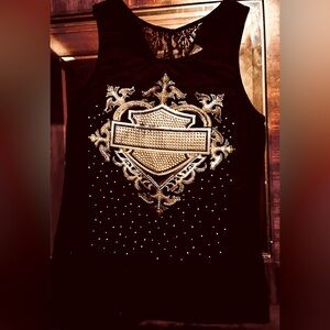 Harley Davidson Black & rhinestone/lace Tank Top.